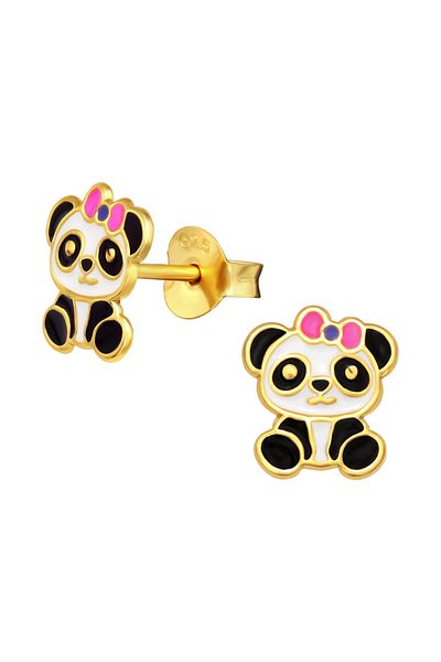 Sophia Collection Children's earrings 925 silver plated with 24k gold Panda model with bow