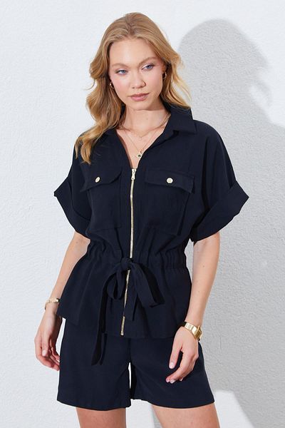 TENA Women's Black Double Sleeve Double Pocket Belted Zippered Gabardine Blouse