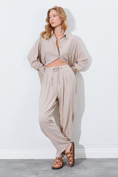 TENA Women's Dark Beige Elastic Waist Carrot Cut Linen Trousers