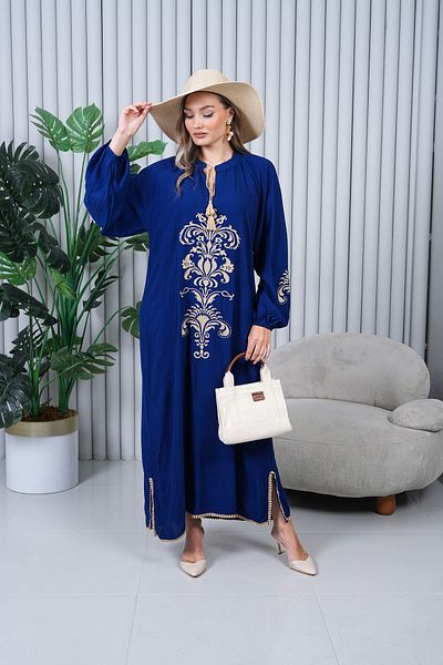 EL jadida Women's Embroidered Pompom Viscose Long Dress Navy Blue