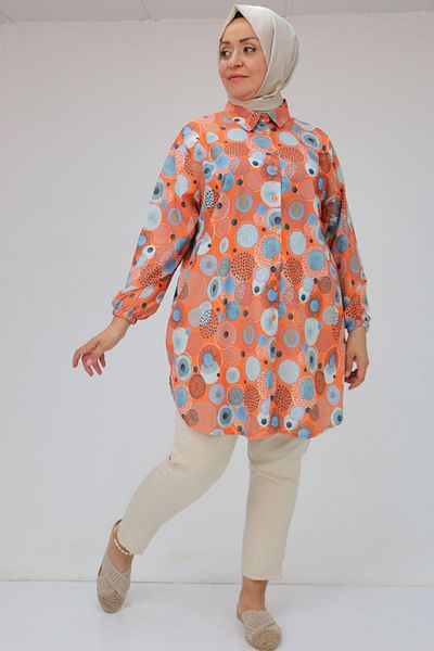 Eslina 58052 Large Size Men's Collared Jesica Shirt Tunic - Circle Pattern Orange
