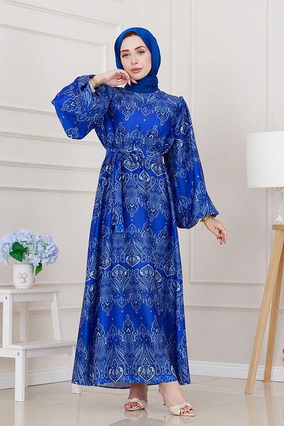 Sevitli Balloon Sleeve Satin Adel Dress-Blue