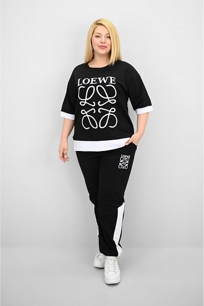 Koza Butik Women's Plus Size Short Sleeve Embroidery Detailed Garnished Tracksuit Set 8192-25