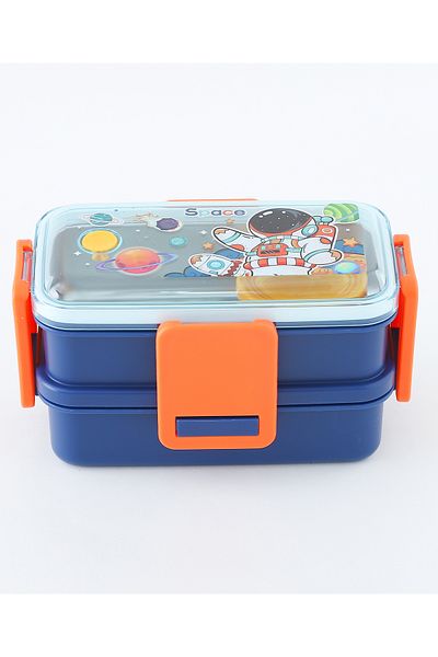 Fab N Funky Astronaut Themed Lunchbox, Two Layers, Compact, Lightweight, 3 Years+, 18.5 x 10.8 x 11.1 cm - Blue