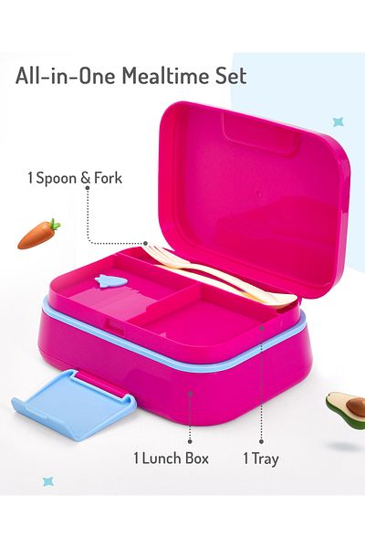 Bonfino Bonfino Lunch Box with Spoon and Fork, Leak-Resistant Seal, 1145 mL, 21.5 x 14.5 x 7.6 cm - Pink