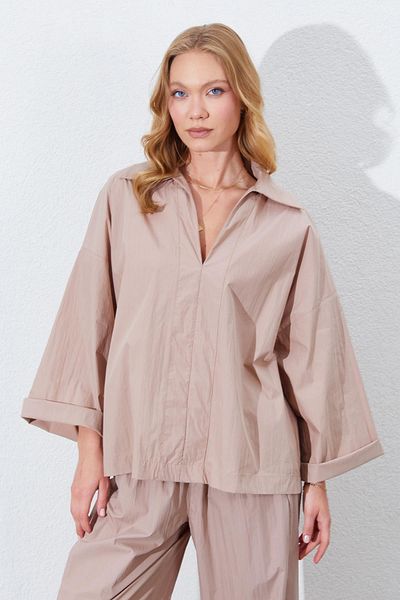 TENA Women's Mink Deep V-Neck Elbow Sleeve Casual Shirt