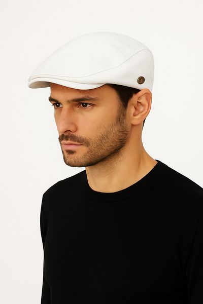 CosmoOutlet Men's White London Flat Model Summer Fabric Stylish and Modern Cap Hat with Elastic Back