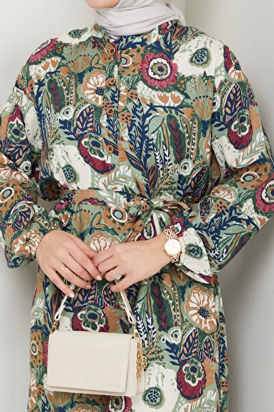 Moda MSK Colorful Floral Patterned Belted Dress Green