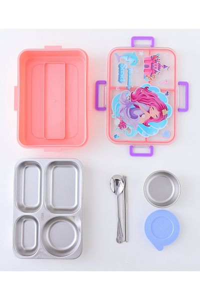 Fab N Funky Clip Lock Mermaid Lunch Box with Food Jar, Durable, Lightweight, 4 Compartment - Pink