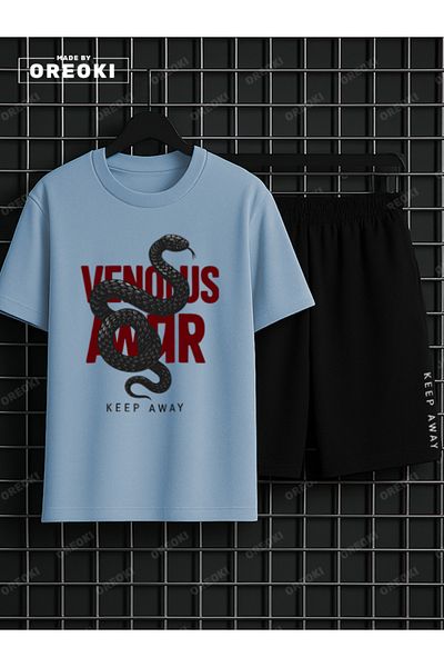 EFFRENATU Stand Back Printed Cotton Men's Light Blue T-Shirt-Black Shorts Set