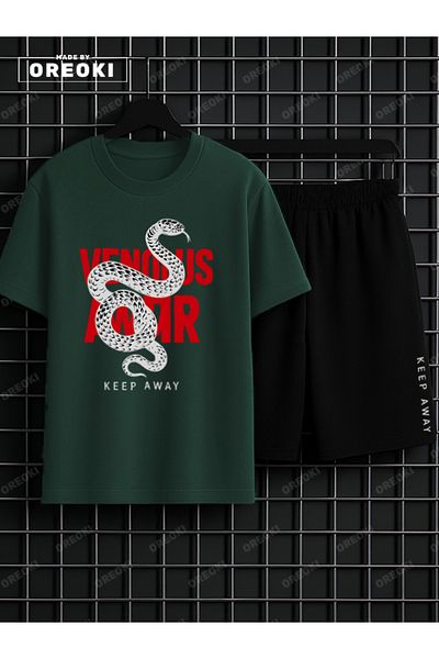 EFFRENATU Stand Back Printed Cotton Men's Forest Green T-Shirt-Black Shorts Set