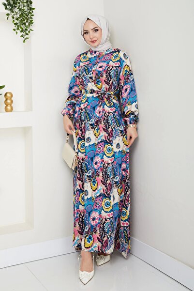 Moda MSK Colorful Floral Patterned Belted Dress Blue