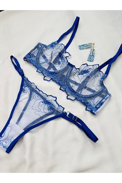 İNKO İÇ GİYİM Floral Underwire Uncovered Tulle Bra Set (Bra Tanga)