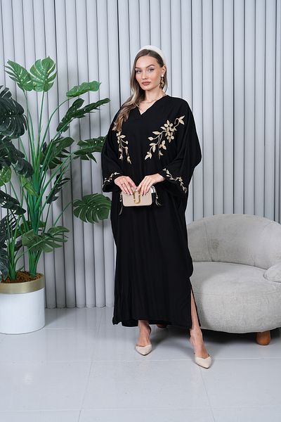 EL jadida Women's Embroidered Plus Size Viscose Long Dress Black