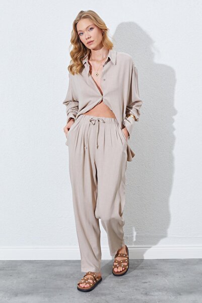 TENA Women's Dark Beige Elastic Waist Carrot Cut Linen Trousers