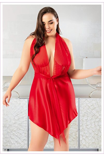 Viselya Sırt Dekolteli Kırmızı Saten Büyük Beden Gecelik