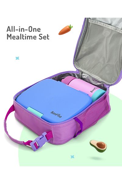 Bonfino Bonfino Lunch Box with Bottle and Lunch Bag, Leak-Resistant, Blue and Purple - 3 Pieces