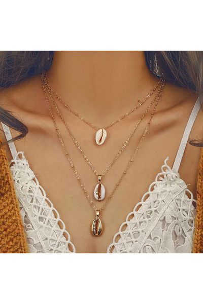 miraza Gold Shell Necklace, Triple Layer, 56 cm, For Festivals, Beach and Summer