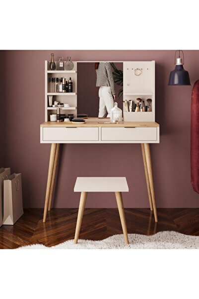 Bimossa V4060 Bella Tabureli Doğal Ayaklı Aynalı Takı Askılı Makyaj Masası Sepet Beyaz