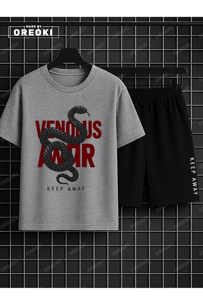 EFFRENATU Stay Away Printed Cotton Men's Gray T-Shirt-Black Shorts Set