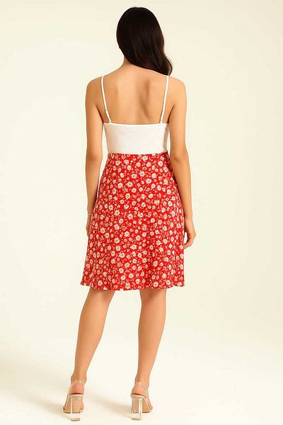 gigigiyim Floral Patterned Wrinkle Fabric Women's Skirt with Elastic Waist Red