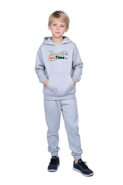 FYK KİDS Boy's Tracksuit Set with Hooded Kangaroo Pocket and Text Print
