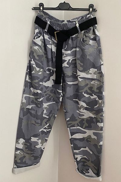 AYASOFYA OTANTIK Women's Italian Gray Elastic Waist Belted Camouflage Patterned Lycra Casual Carrot Baggy Trousers