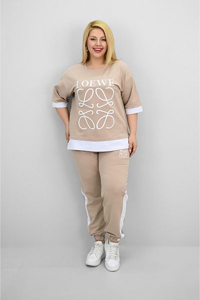 Koza Butik Women's Plus Size Short Sleeve Embroidery Detailed Garnished Tracksuit Set 8192-25