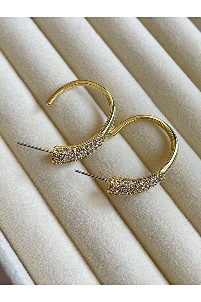 lotusbybuket VIP Çelik gold 14 ayar altın rengi zirkon taşlı oval halka küpe