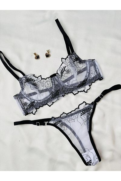 İNKO İÇ GİYİM Floral Underwire Uncovered Tulle Bra Set (Bra Tanga)