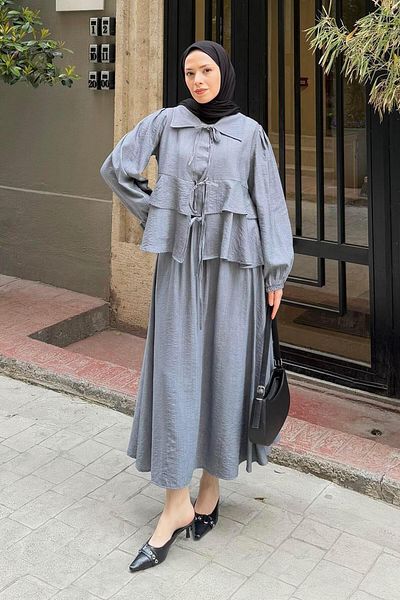 lamelif Μπλούζα με φιόγκο μπροστά Φούστα Hijab Σετ Γκρι