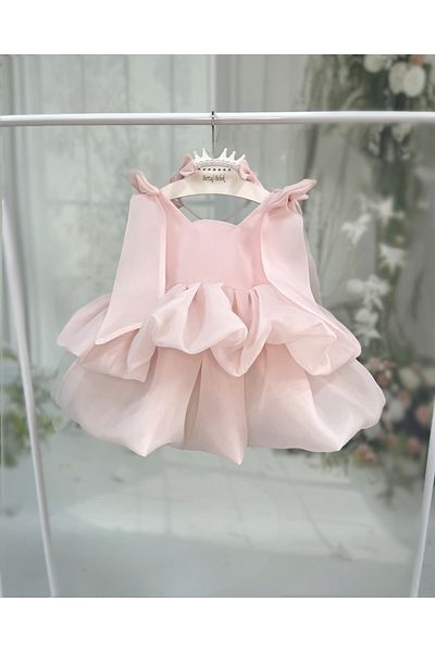 Bertuğ Bebek Layered Balloon Dress Ribbon Detailed Powder Pink Carolin Evening Dress
