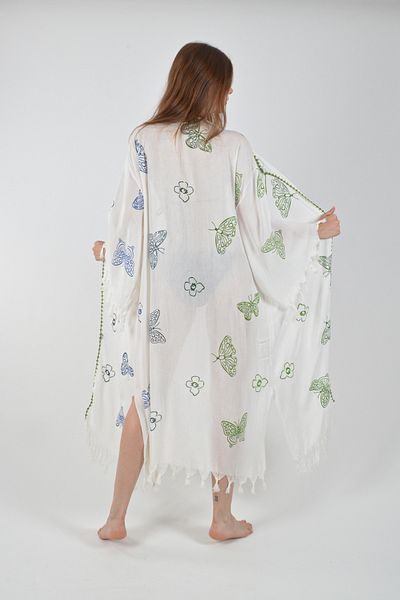 REİNA TEKS Viscon Kimono Bathrobe White Retro Colorful Butterfly Pattern Cotton Printed Pareo 1 Piece Unisex