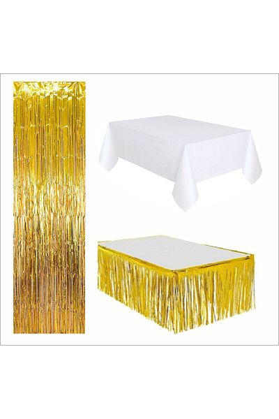 ZENVİVA 3 Pieces White Table Cloth, Gold Table Skirt, Gold Back Floor