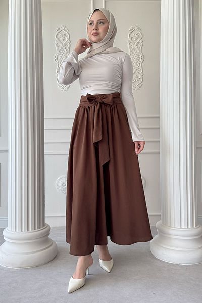 InStyle Pleated Belt Detail Bitter Brown Skirt