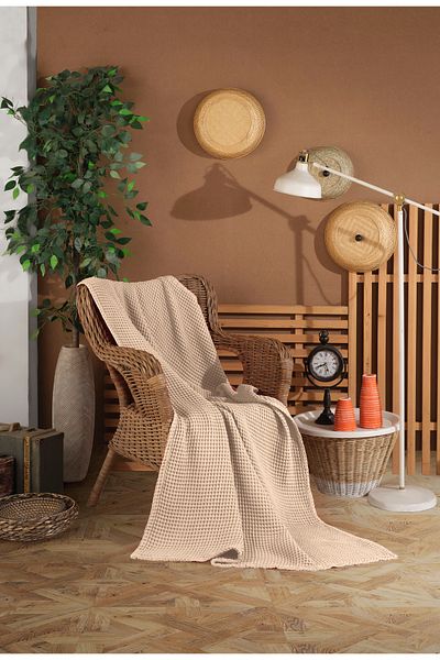 destinyhometex Mink Color Waffle Pattern Fringeless Sofa Cover/Tv Blanket 140X200Cm