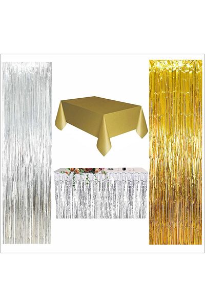 ZENVİVA 4 Pieces Gold Table Cloth, Silver Table Skirt, 1 Piece Silver, 1 Piece Gold Back