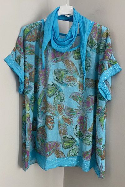 AYASOFYA OTANTIK Women's Italian Turquoise Scarf Butterfly Patterned Sleeves and Hem Sequined Loose Blouse