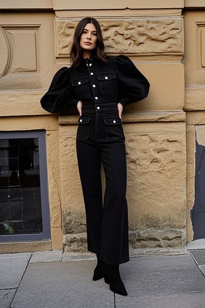 Şans Women's Plus Size Black Bellows Pocket Sleeves Drawstring Detail Washed Denim Jumpsuit 65N38883