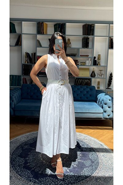 Nida Boutique Sıfır Kol Hakim Yaka Full Düğme Kapamalı Kemerli Keten Astarlı Elbise