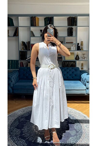 Nida Boutique Sıfır Kol Hakim Yaka Full Düğme Kapamalı Kemerli Keten Astarlı Elbise