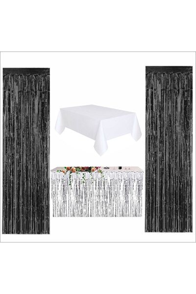 ZENVİVA 4 Pieces White Table Cloth, Silver Table Skirt, 2 Pieces Black Back
