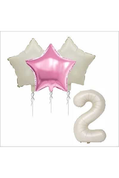 ZENVİVA 2 Years Beige Color Foil Balloon, 1 Piece Pink, 2 Pieces Beige Star Foil Balloon