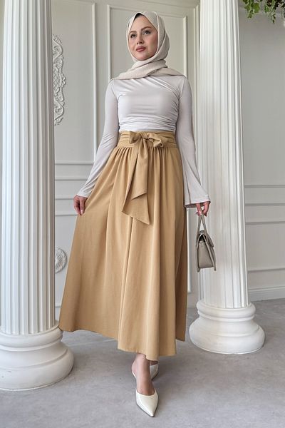 InStyle Beige Skirt with Pleated Belt Detail