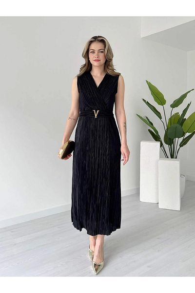 Dks Life Lined Double Breasted Collar Buckle Sleeveless Pleated Lycra Long Dress