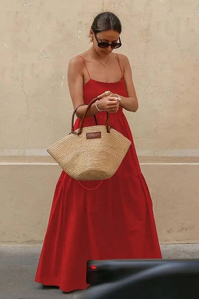 GIA - ART Women's Red Poplin Fabric Strap Summer Long Dress Maxi Size