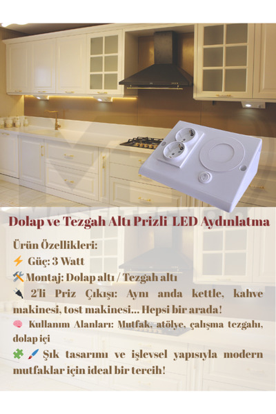 Masfitech Dolap & Tezgah Altı Prizli Aydınlatma 3 Watt (BEYAZ İŞIK) 10 Adet