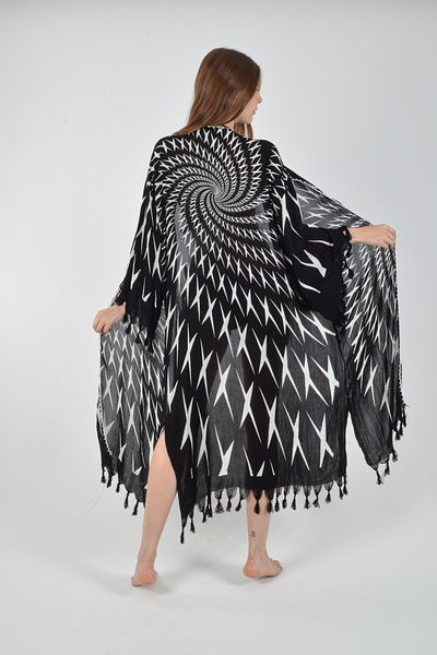 REİNA TEKS Viscon Kimono Bathrobe Black Retro Hypnosis Pattern Cotton Printed Pareo 1 Piece Unisex