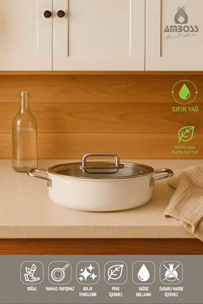Amboss Sera Nova Seramik Yanmaz Yapışmaz Basık Tencere 24 cm – Beyaz