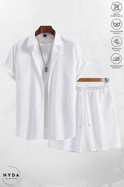 Nyda Collections Men's Crinkle Fabric Wrinkle Suit Summer Buttoned Short Sleeve Shirt and Lace up Shorts Suit with Pockets